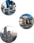 Images of buildings in circle shapes